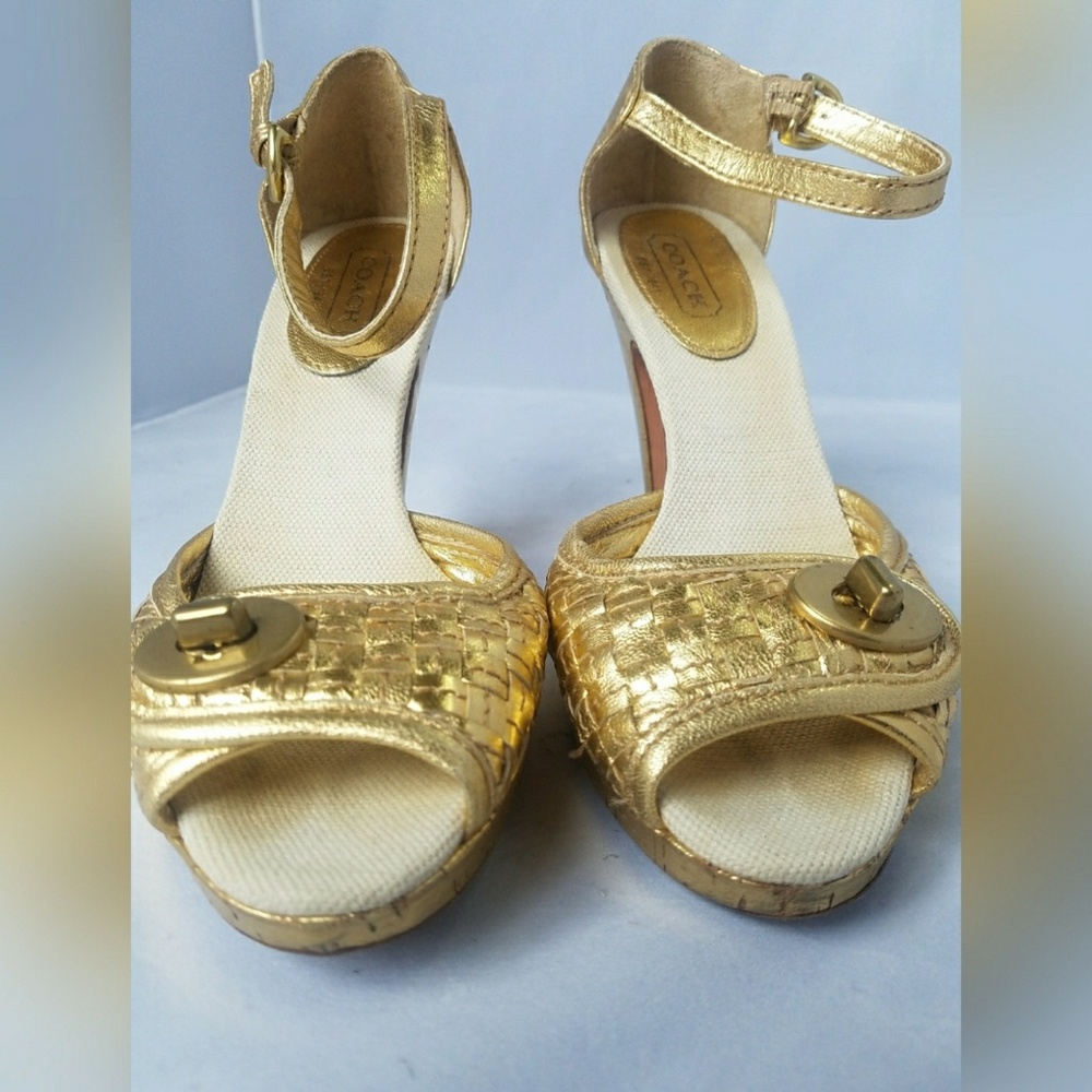 Coach Gold Metallic Peep-Toe Ankle-Strap Heels with Turn-Lock - Picture 2 of 8
